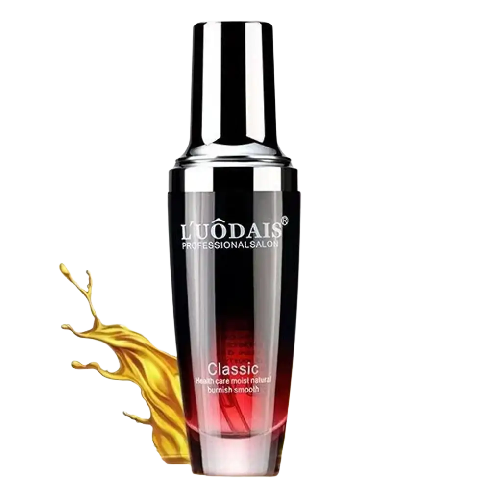 A sleek black and silver luodais 80ml hair essential oil bottle with gradient red liquid for hair loss and frizzy hair