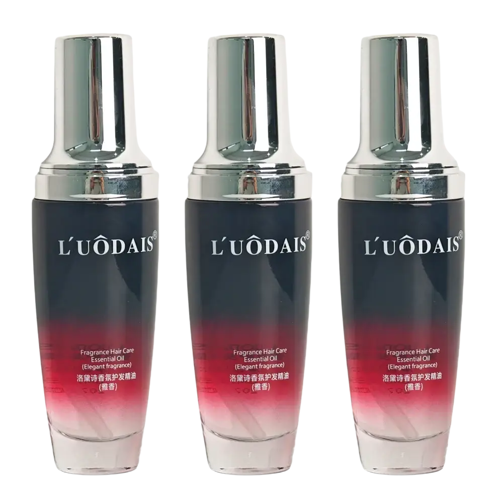 Three sleek l’uodais 80ml hair essential oil bottles with dark blue to pink glass for hair loss and frizzy hair care