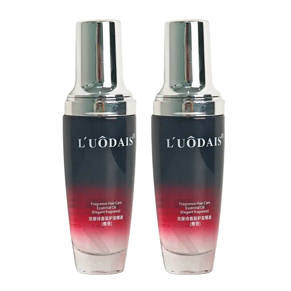 Two gradient dark to pinkish l’uodais 80ml hair essential oil bottles with chrome caps for hair loss and frizzy hair care