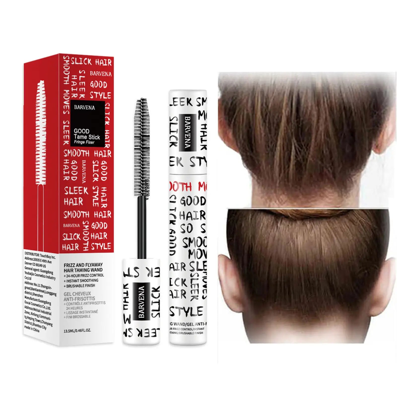 Barvena hair frizz control wand in white tube with brush applicator for smoothing frizz and portable styling