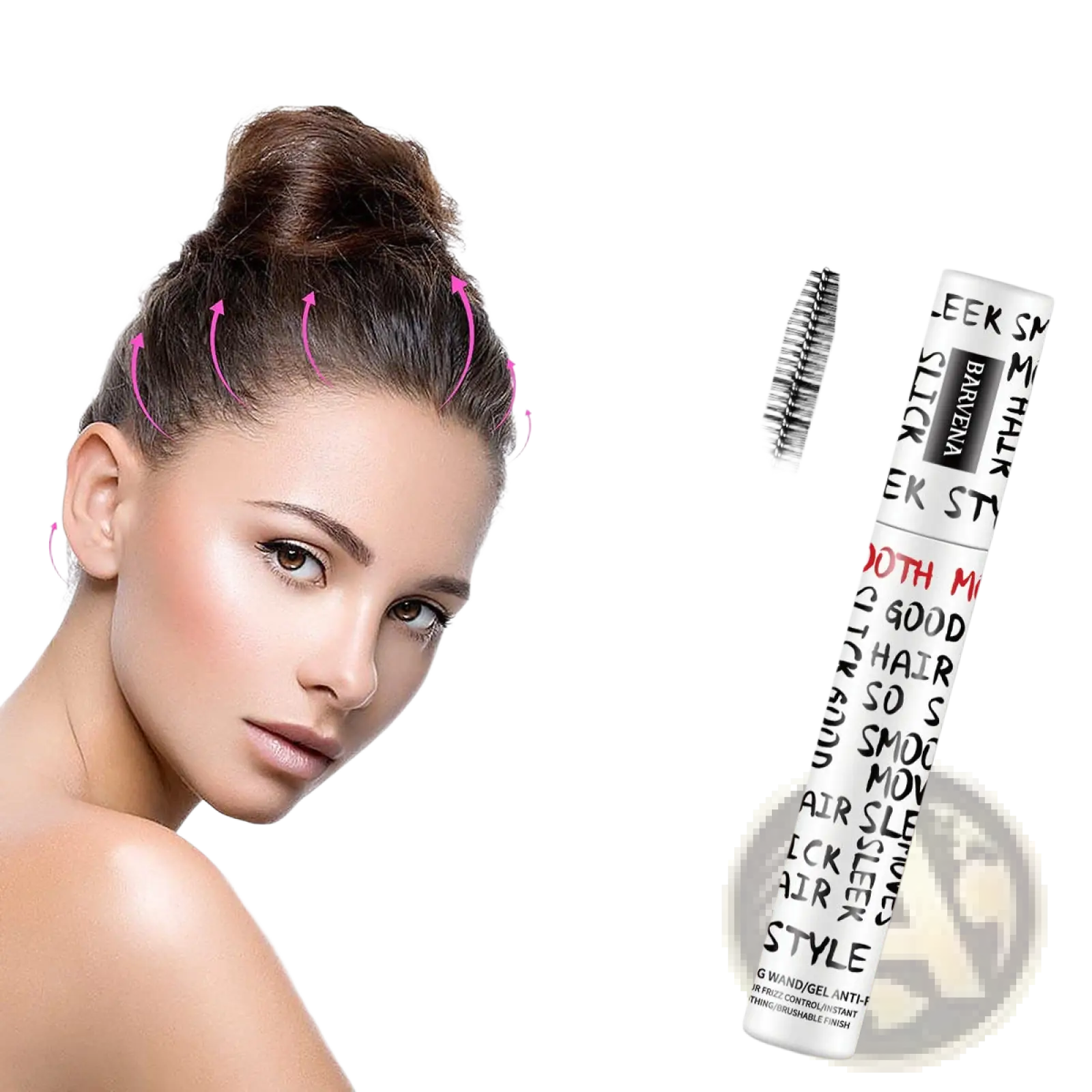 White cylindrical hair frizz control wand bn7208 with black red text and brush applicator for portable styling