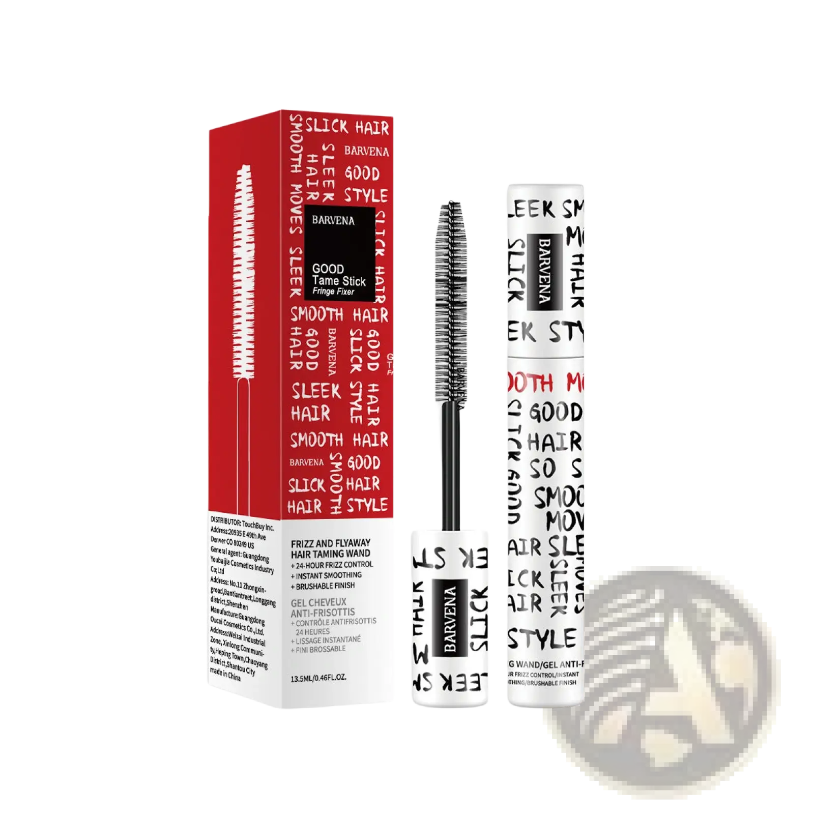 Barvena Hair Frizz Control wand in white tube with black and red text featuring brush applicator for portable styling