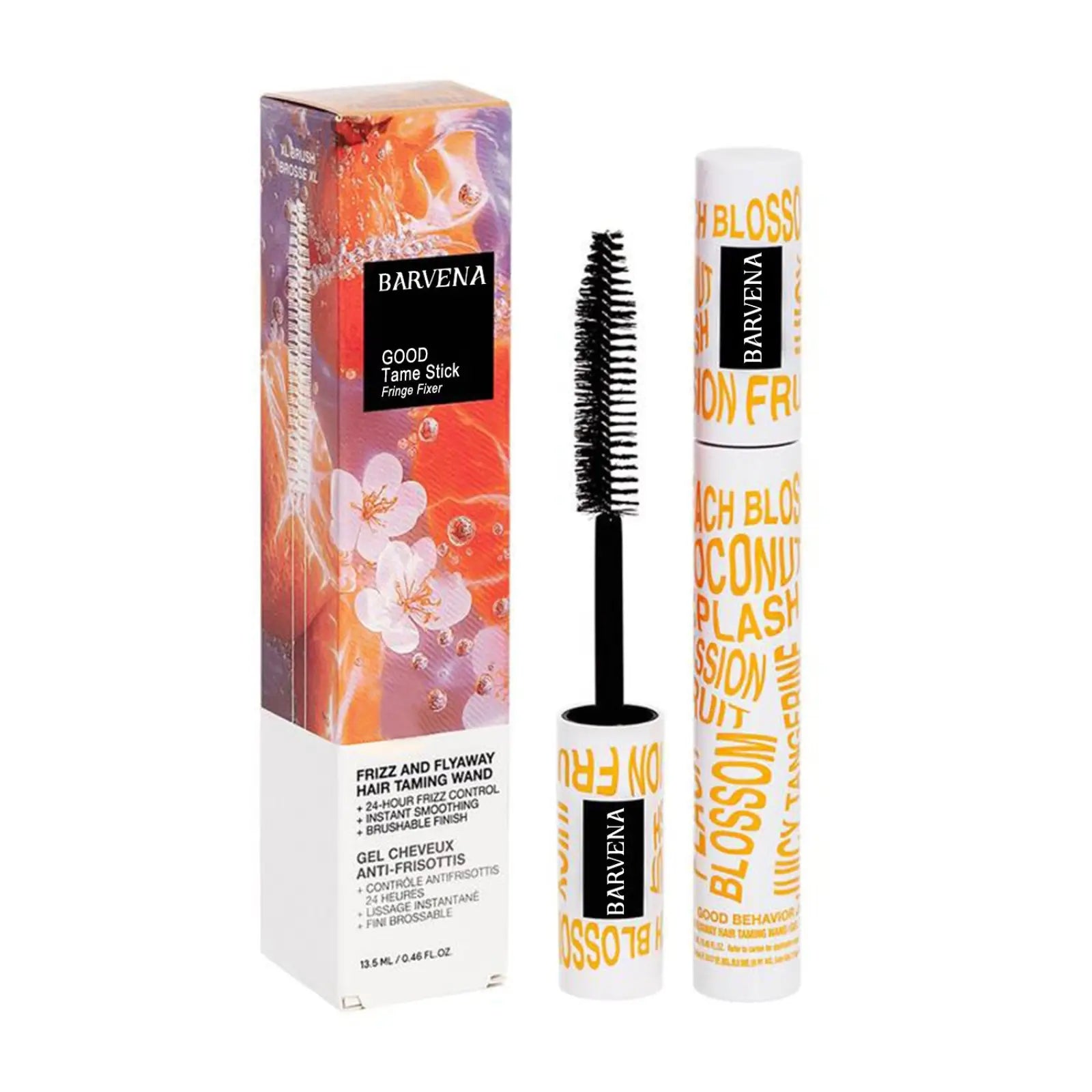 Barvena good tame stick fringe fixer mascara in white and yellow tube with floral design and black brush wand for frizz control
