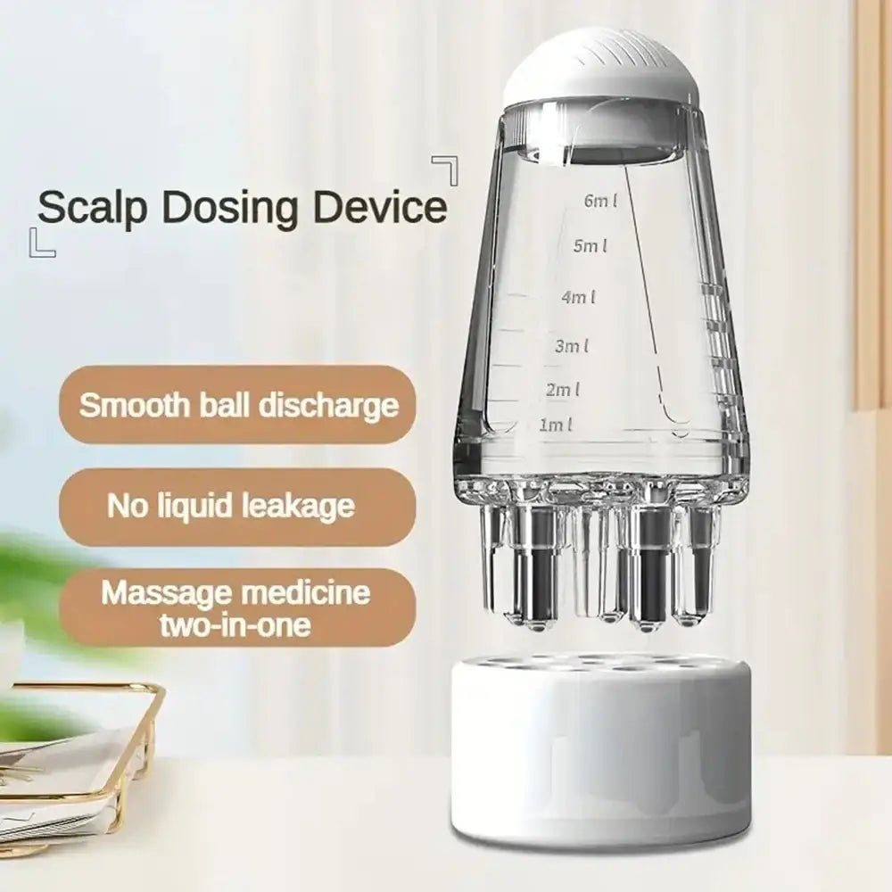 Clear glass applicator bottle with white plastic cap and base featuring 1ml to 6ml measurement markings for scalp use