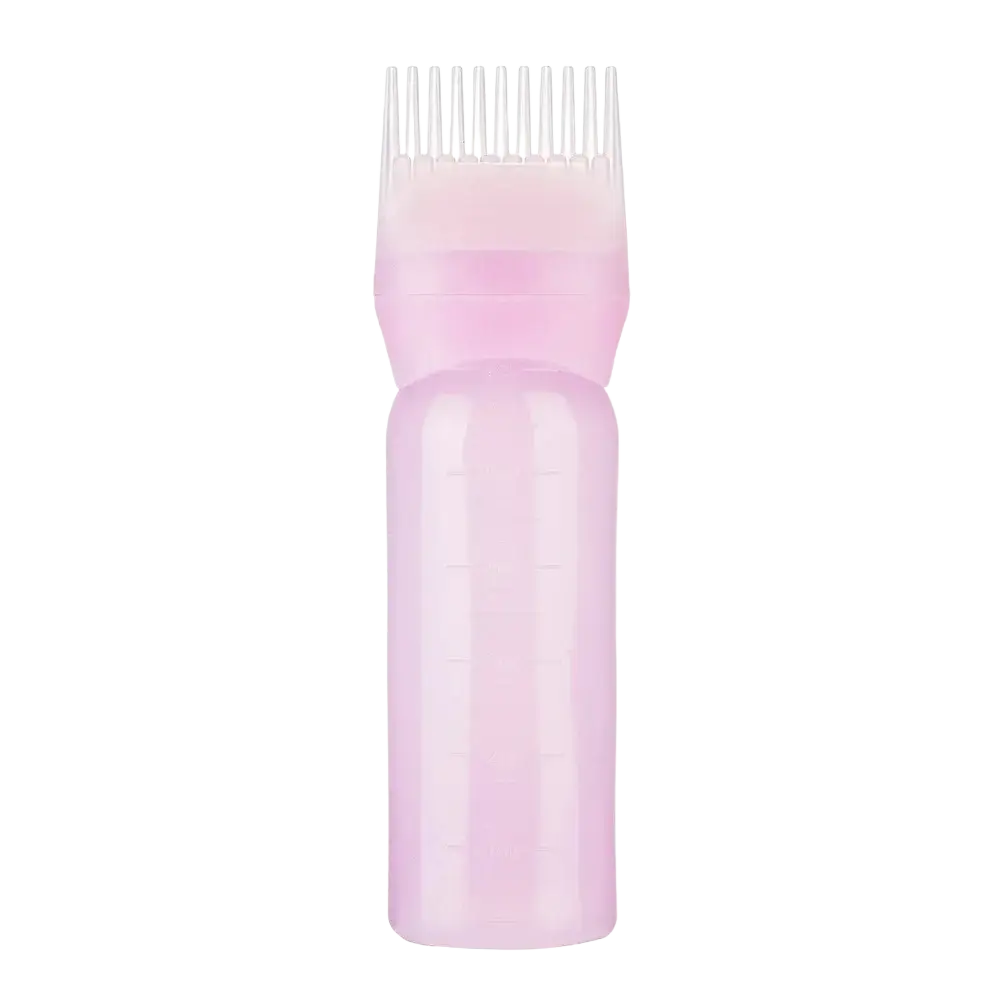 Pink plastic applicator bottle with comb top and measurement markings for hair growth and scalp massage use