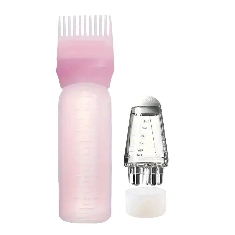 Pink plastic applicator bottle with comb attachment and clear graduated cup for hair growth and scalp massage