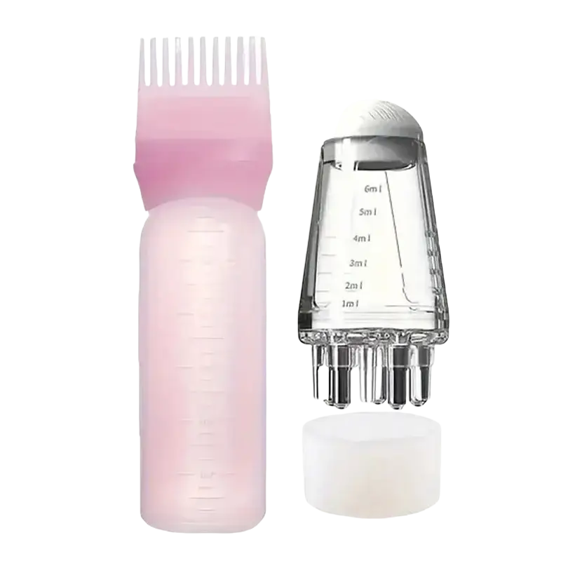 Pink translucent plastic applicator bottle with comb brush and clear glass measuring cup for hair growth scalp care