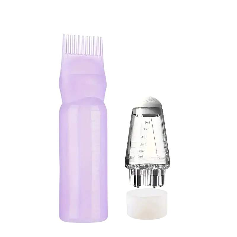 Purple plastic applicator bottle with comb-like nozzle and transparent graduated measuring cup for hair growth application