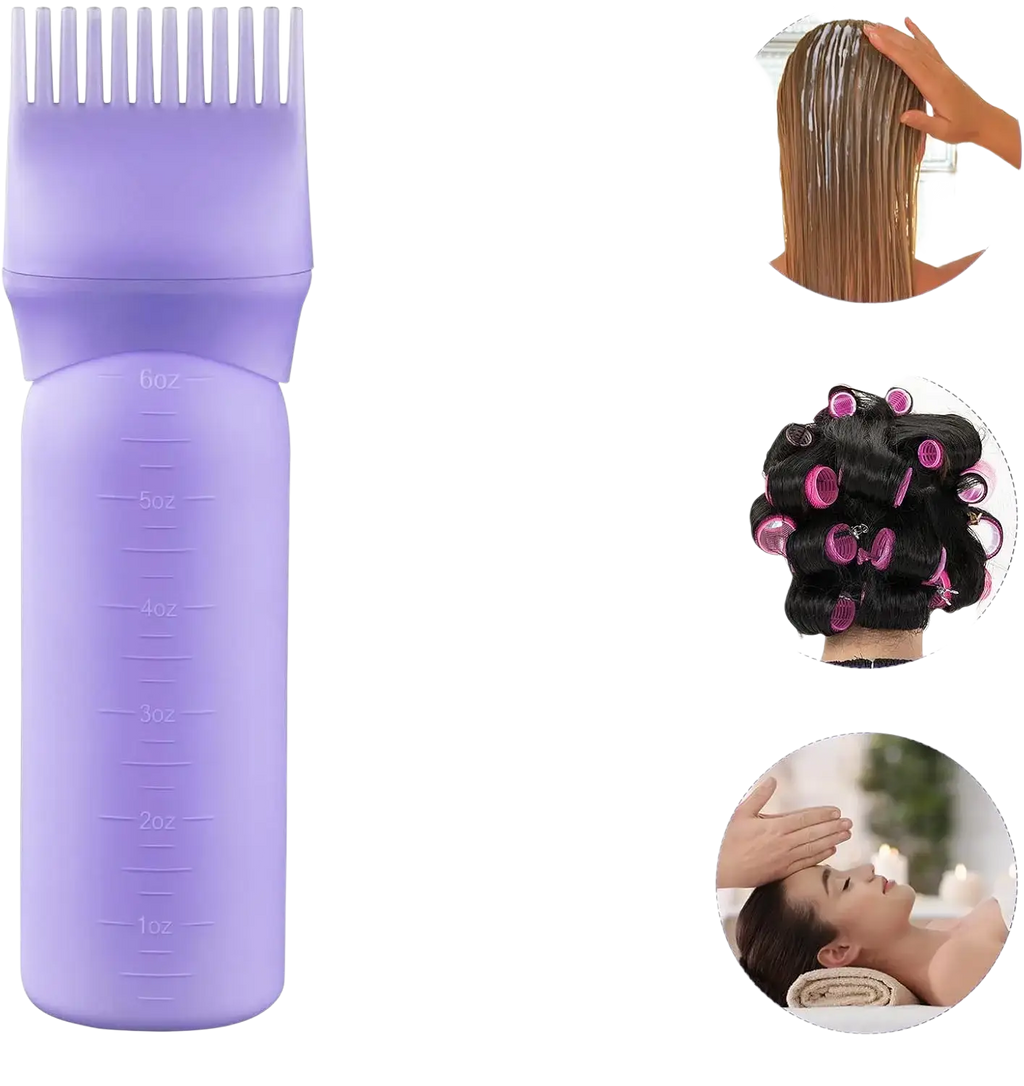 Purple plastic applicator bottle with comb top and measurement markings for hair growth and scalp massaging