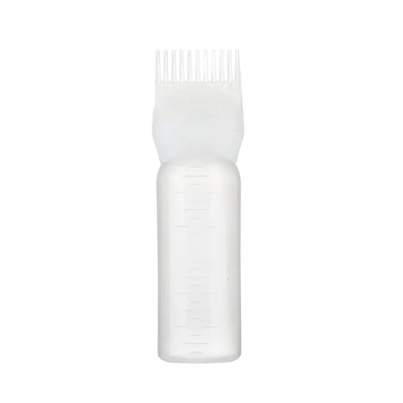 Transparent plastic applicator bottle with comb top and measurement markings for hair growth and scalp care