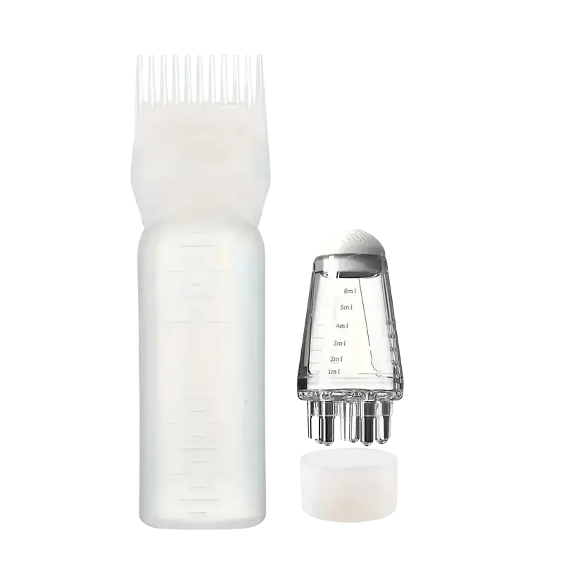 Transparent plastic applicator bottle with measurement markings and clear graduated dropper for hair growth application
