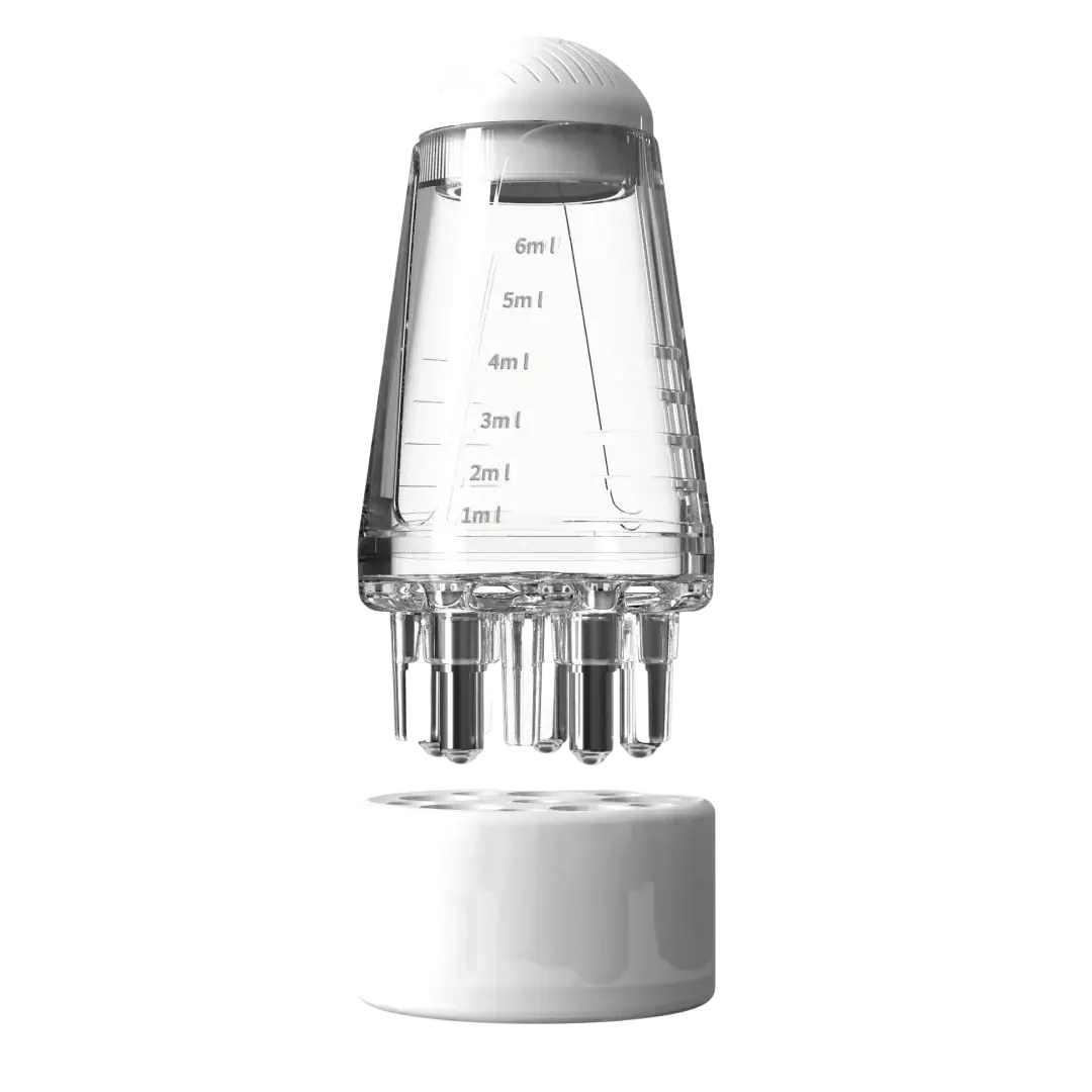 Transparent plastic applicator bottle measuring cup with white cap and base graduated from 1ml to 6ml for hair growth