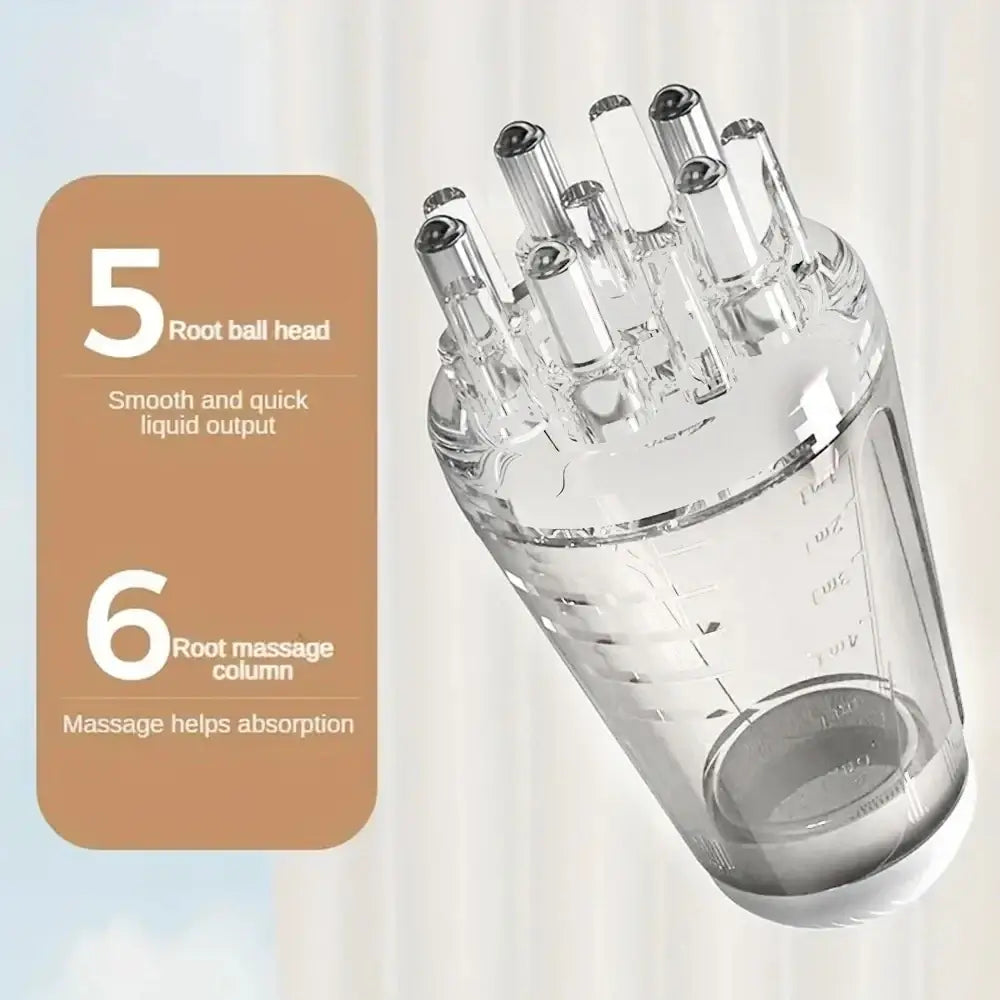 Transparent plastic root ball head massage device with six metallic columns and measurement markings for applicator bottle use