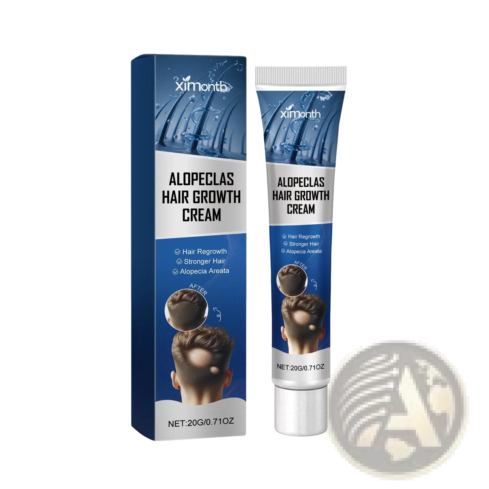 Blue and white ximonth alopeclas hair growth cream tube with silver cap and matching box featuring saffron and ginger extract