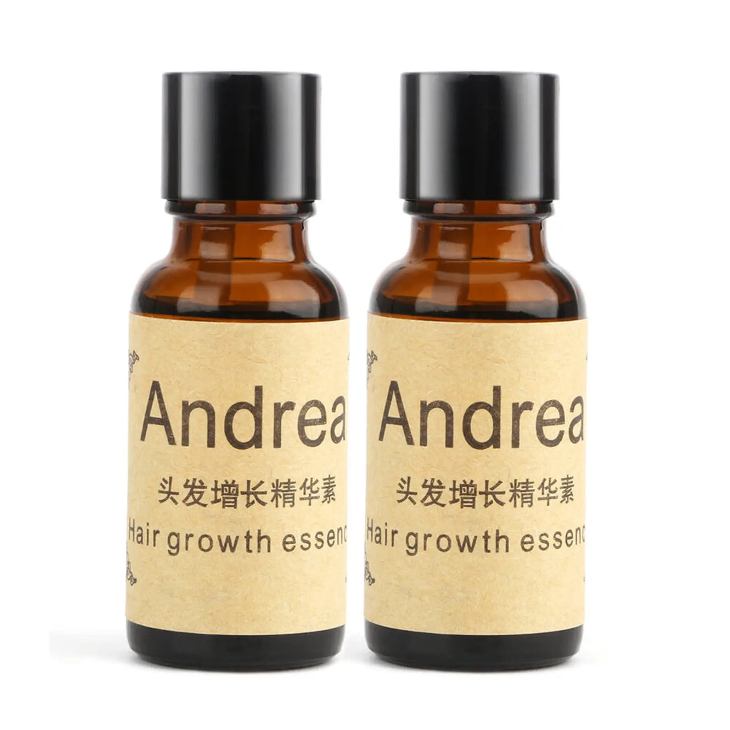 Two amber glass bottles with black caps labeled andrea hair growth essence ginger anti hair loss liquid 20ml