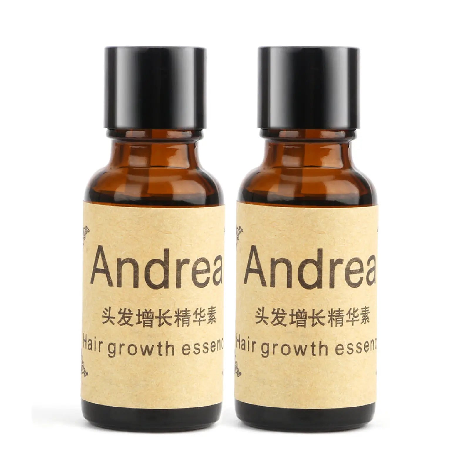 Two amber glass bottles with black caps labeled andrea hair growth essence ginger anti hair loss liquid 20ml