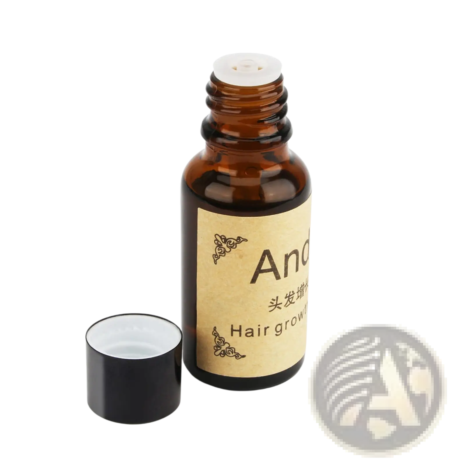 Brown glass bottle with black cap and beige label for hair growth essence ginger anti hair loss liquid 20ml