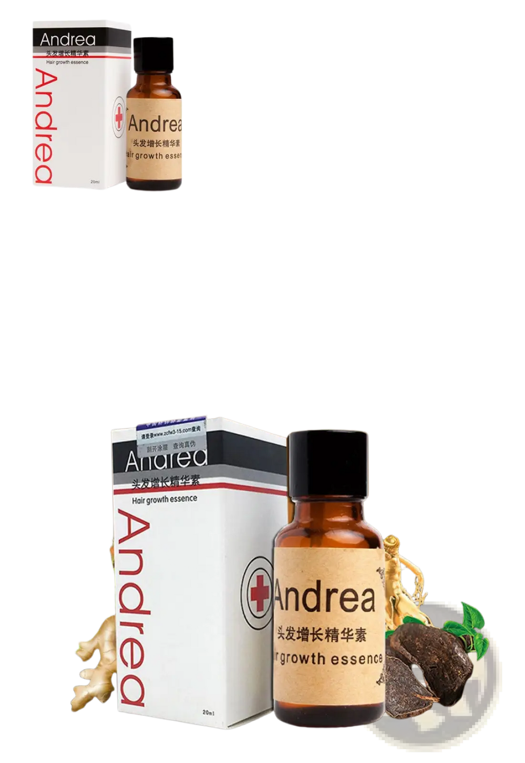 Amber glass bottle with black cap and beige label showing Andrea brand name and red cross for hair growth essence