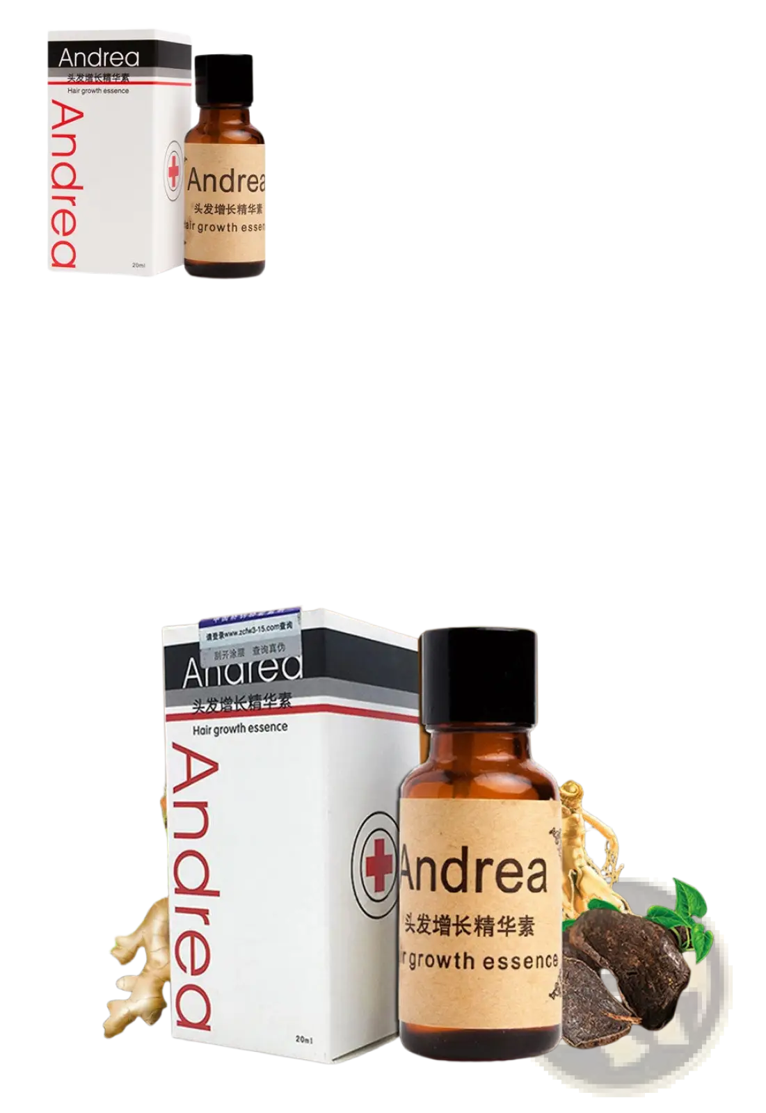 Amber glass bottle with black cap and beige label showing Andrea brand name and red cross for hair growth essence