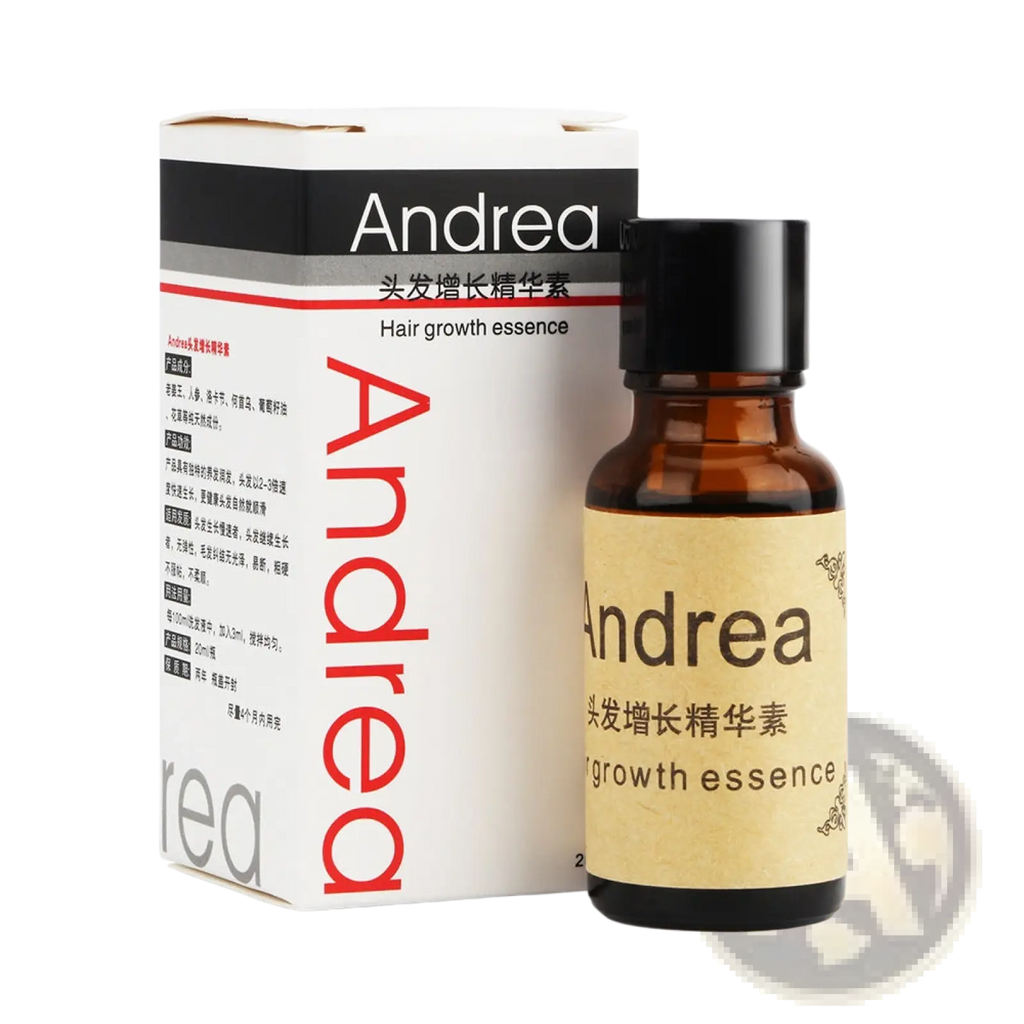 Andrea hair growth essence ginger anti hair loss liquid in brown glass bottle with black cap and white cardboard packaging