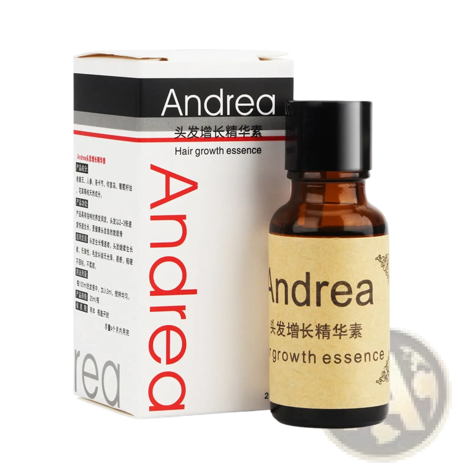 Andrea hair growth essence ginger anti hair loss liquid in brown glass bottle with black cap and white cardboard packaging