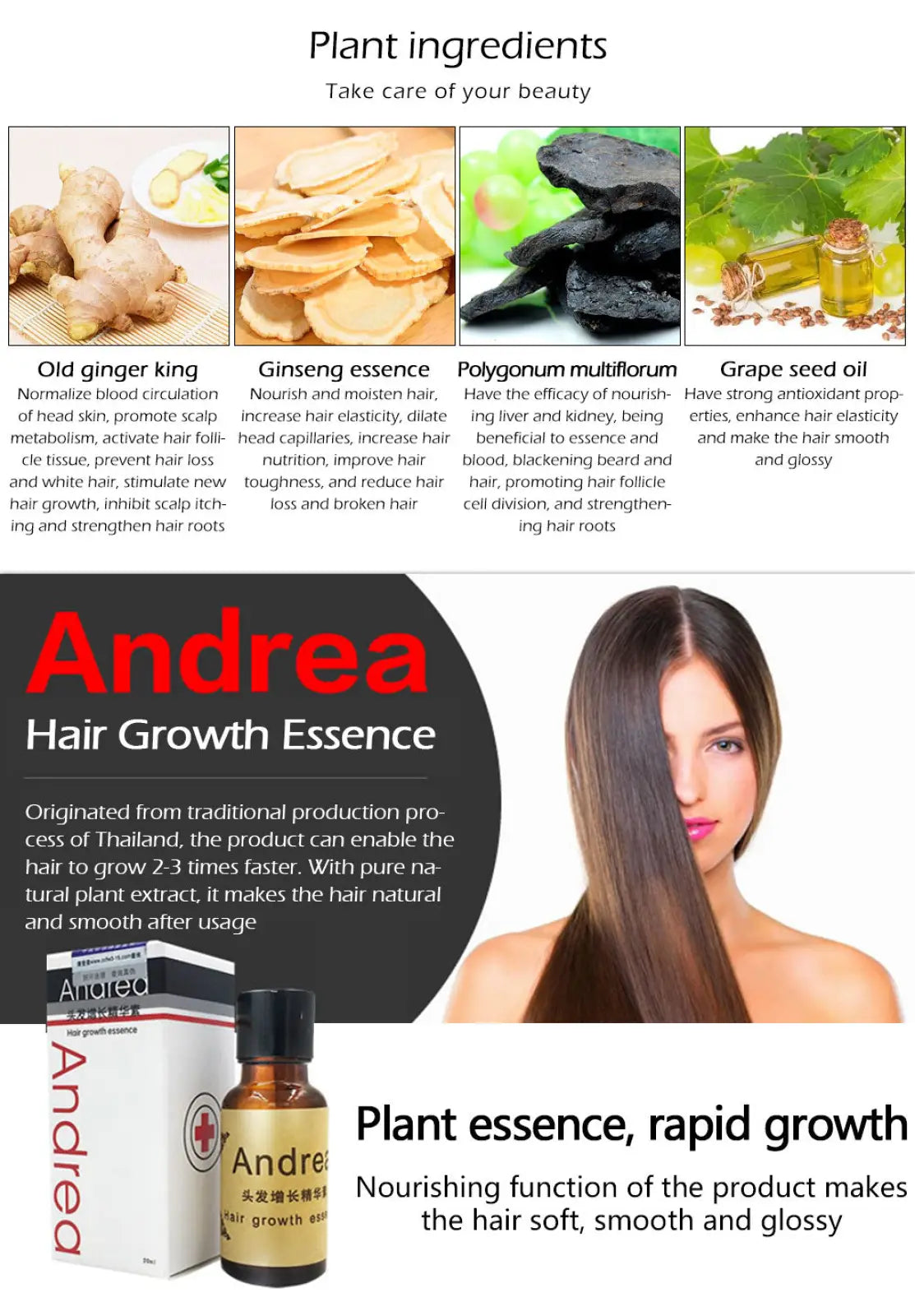 Andrea hair growth essence ginger anti hair loss liquid in a 20ml amber glass bottle with black cap and red branding