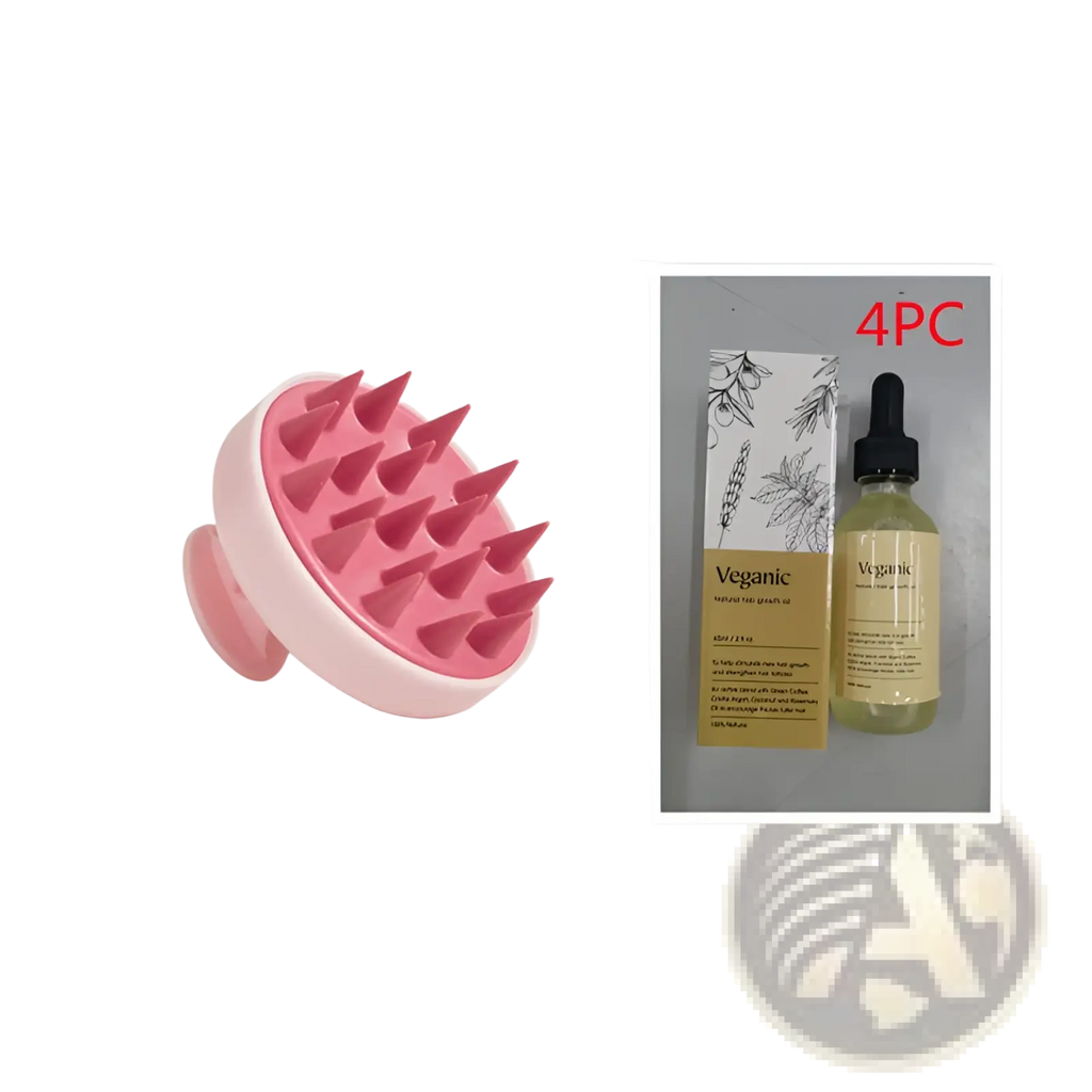 Pink silicone scalp massager with conical bristles and rounded handle for hair growth oil moisturizing repair serum 60ml