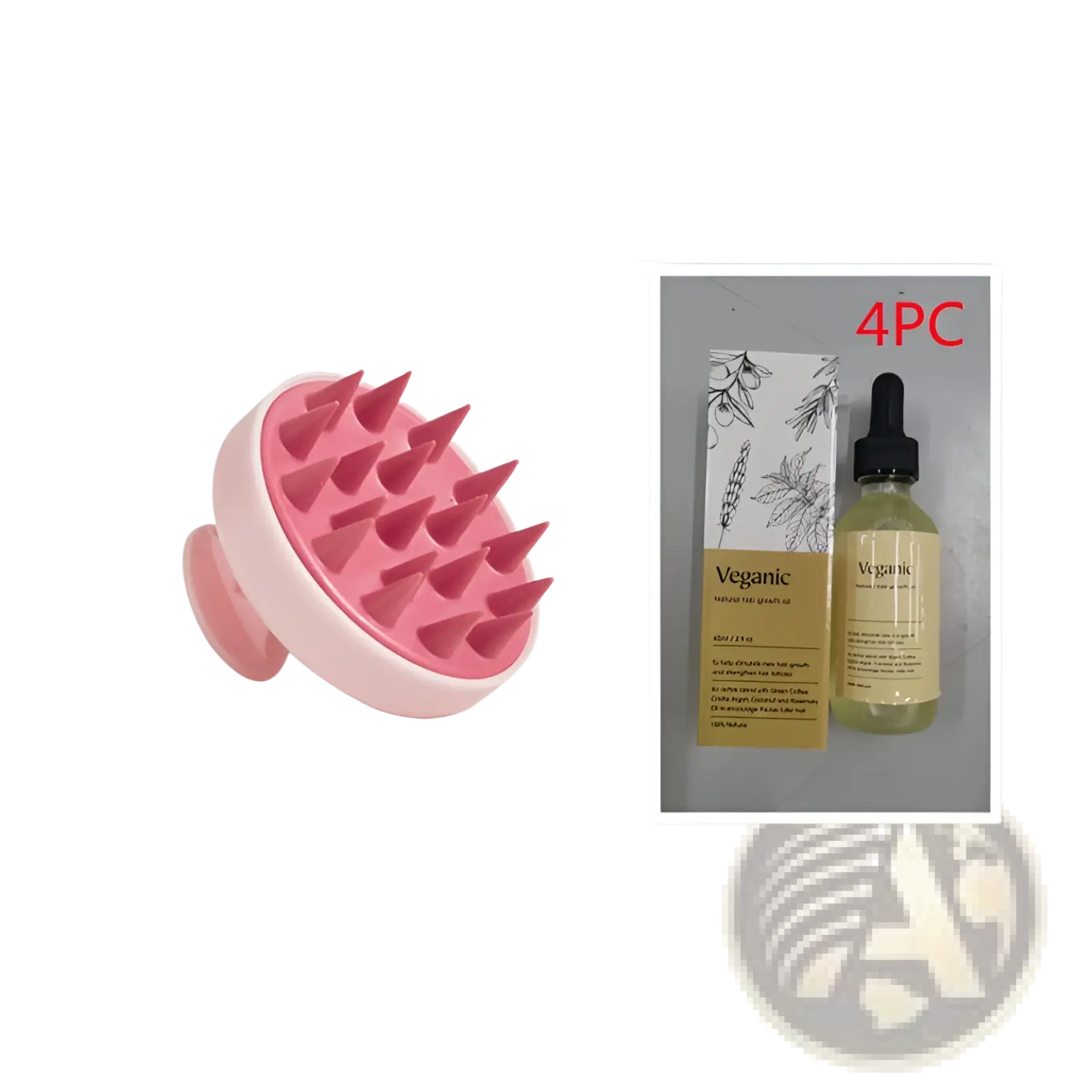 Pink silicone scalp massager with conical bristles and rounded handle for hair growth oil moisturizing repair serum 60ml