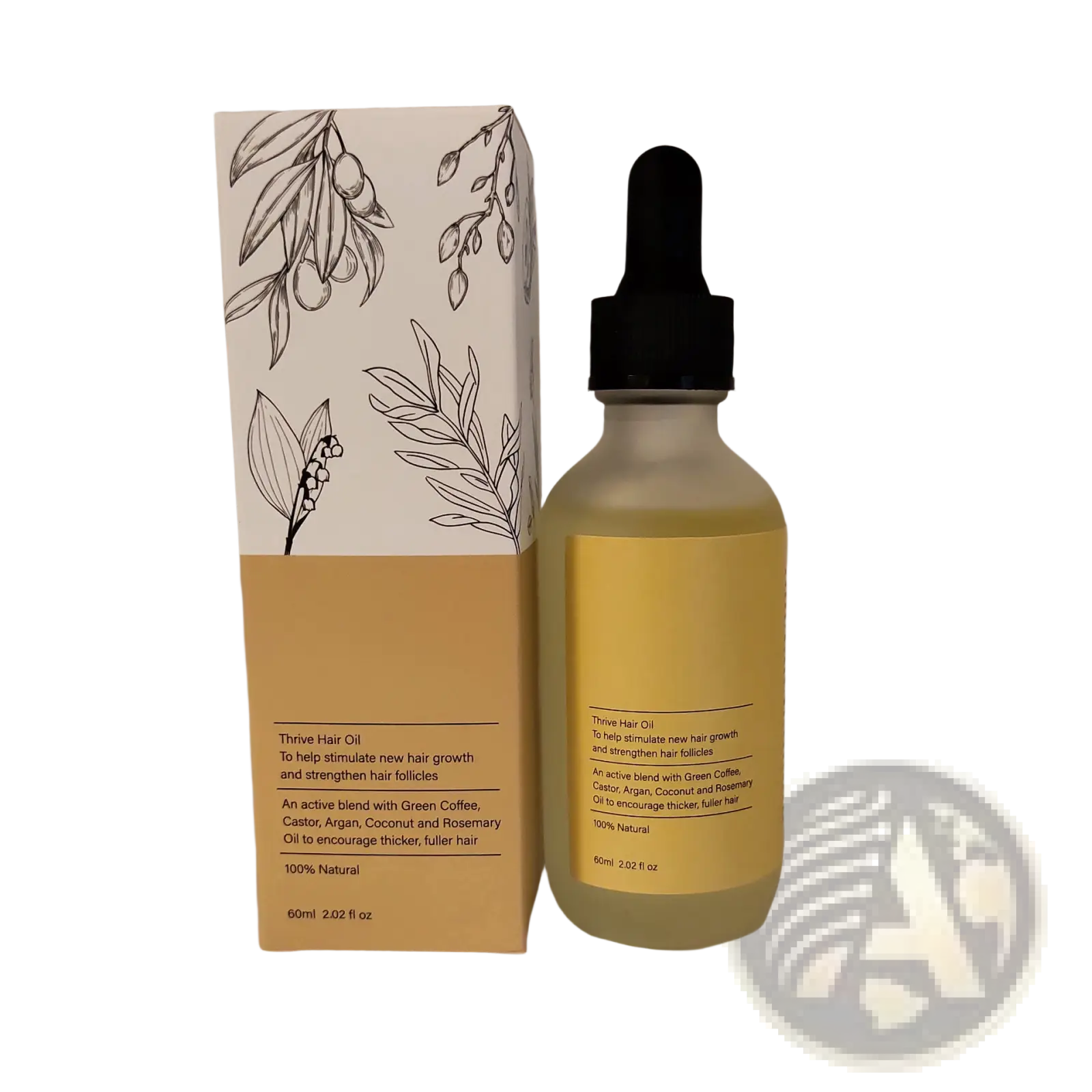 A clear glass bottle with black dropper cap and yellow label containing golden-yellow hair growth oil moisturizing repair serum 60ml