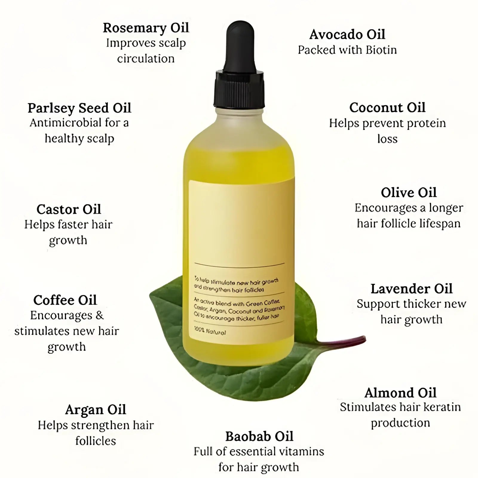 A clear glass bottle with black dropper cap containing golden-yellow hair growth oil moisturizing repair serum 60ml
