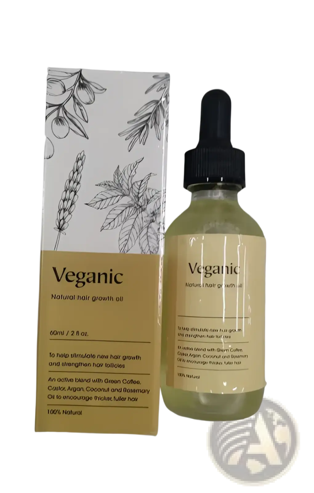 Veganic hair growth oil moisturizing repair serum 60ml in clear glass bottle with black dropper and beige label with box