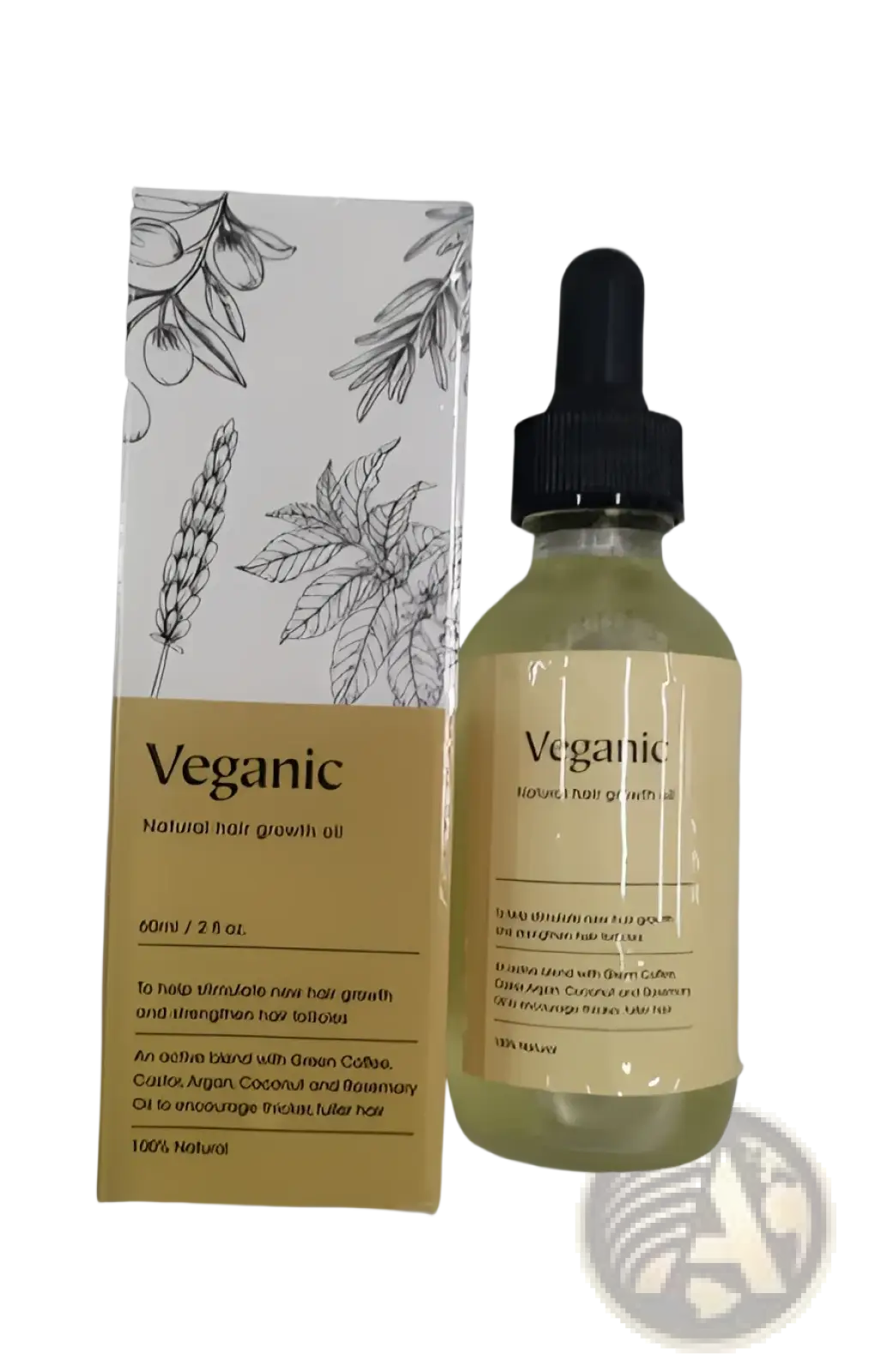 A clear glass bottle with black dropper cap containing pale yellow veganic natural hair growth oil and matching box