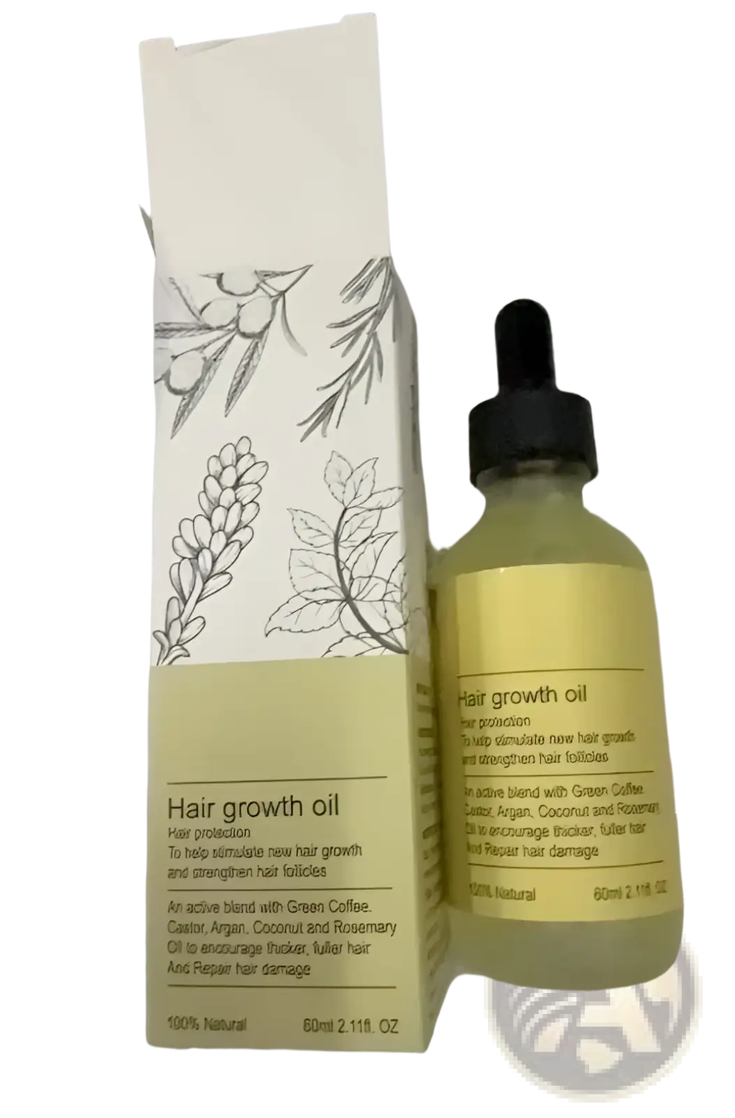 A clear glass bottle with black dropper cap contains pale yellow hair growth oil alongside minimalist white and beige packaging