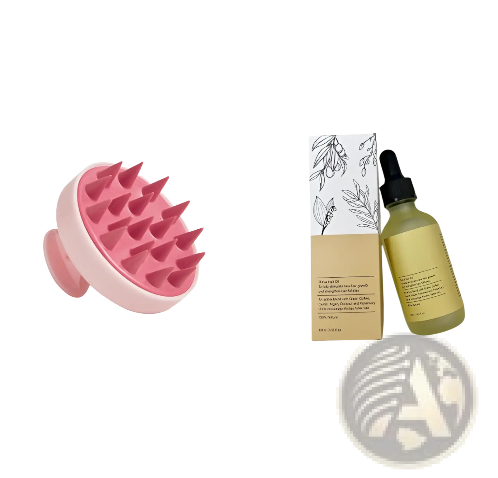 Pink silicone scalp massager with rounded handle and pointed bristles for hair growth oil moisturizing repair serum 60ml