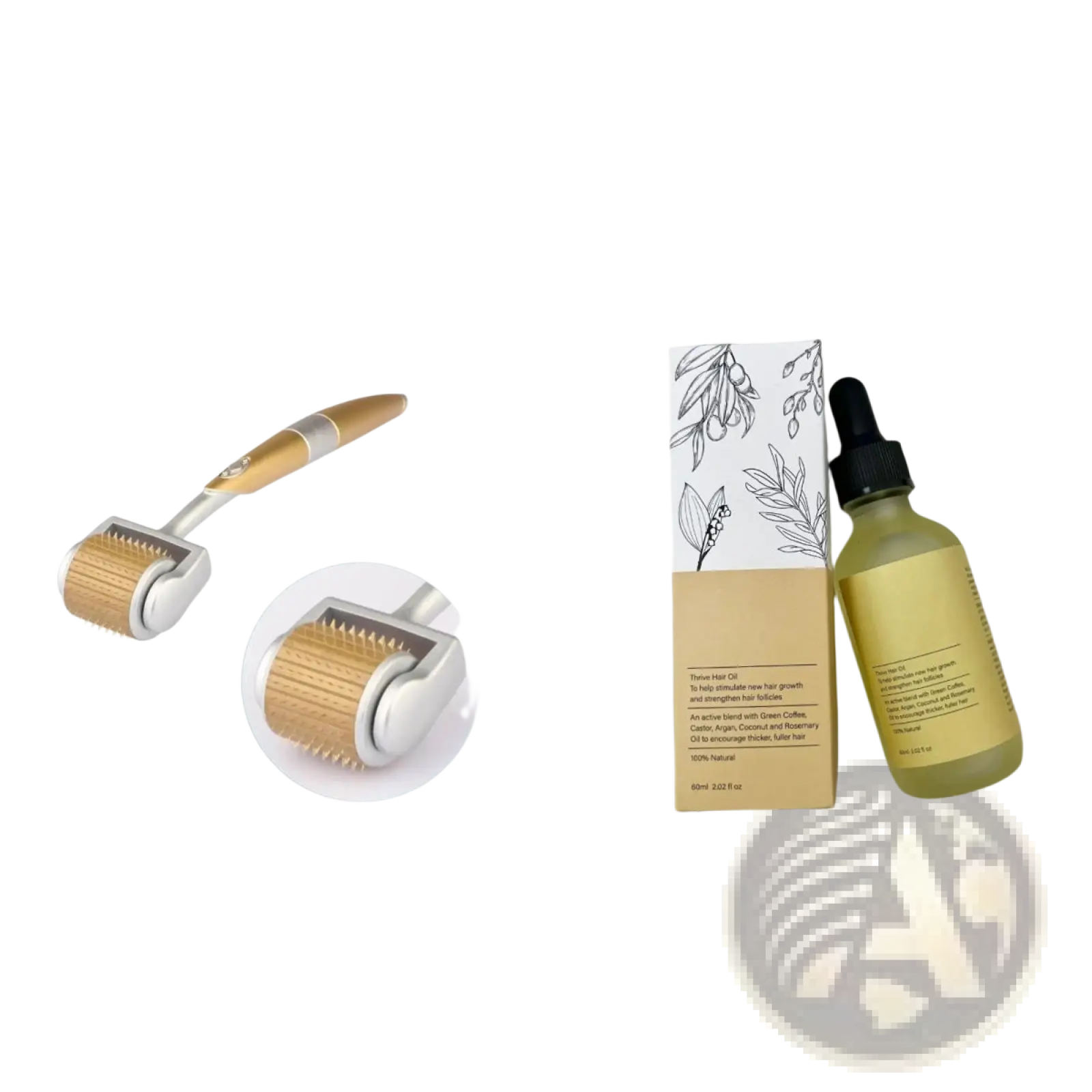 Gold and white derma roller with cylindrical head featuring fine metal needles for hair growth oil moisturizing repair serum 60ml