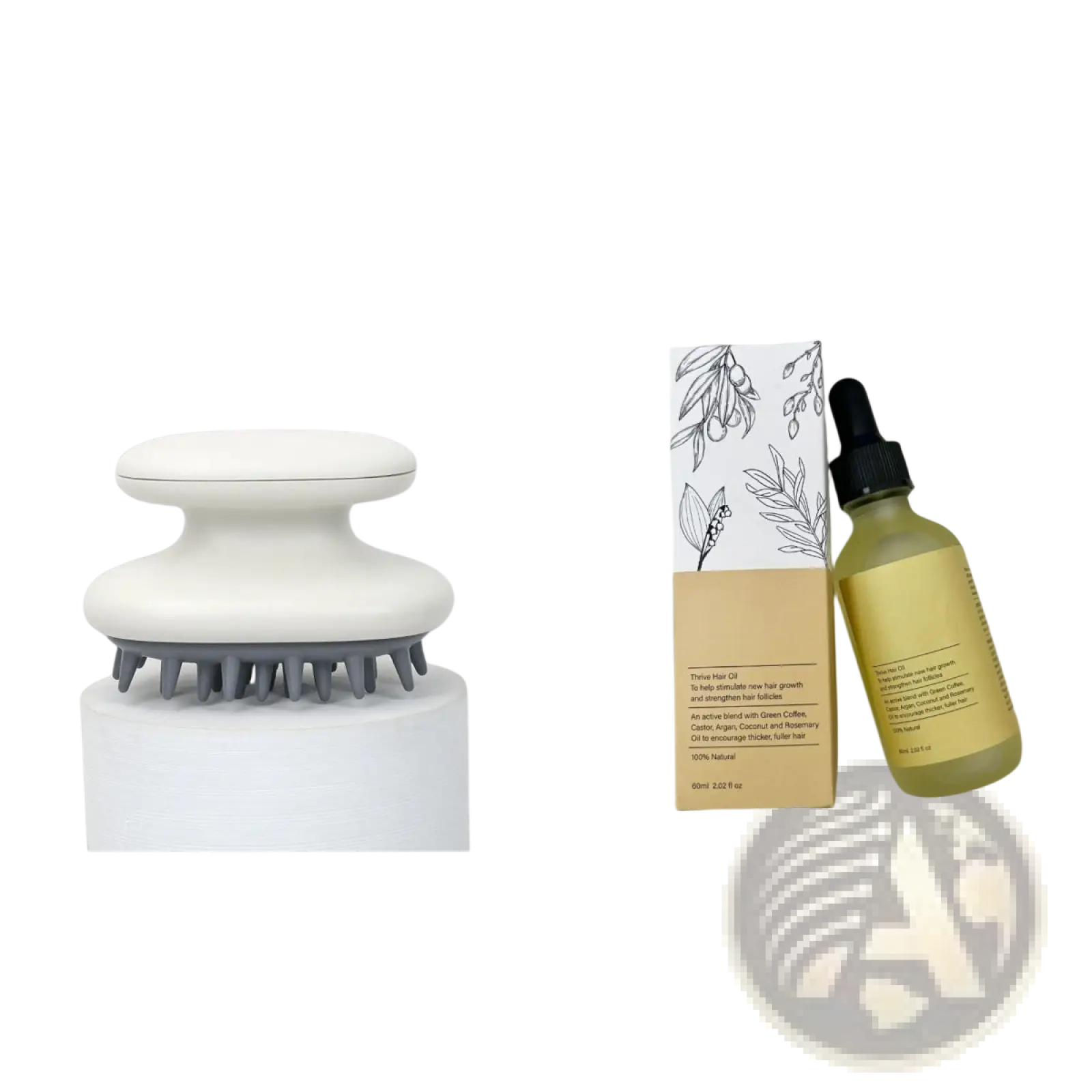 White silicone scalp massager with gray bristles and matching lid on white pedestal for hair growth oil serum use