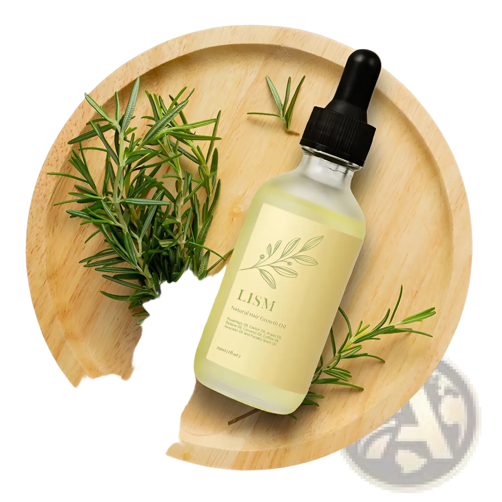 A clear glass bottle of lism natural hair growth oil with pale yellow liquid and fresh rosemary on a wooden plate