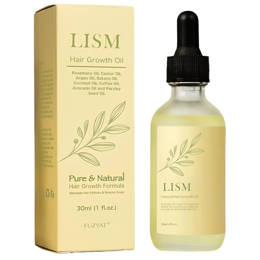 Lism hair growth oil natural plant serum in clear glass bottle with black dropper and beige packaging for strong hair