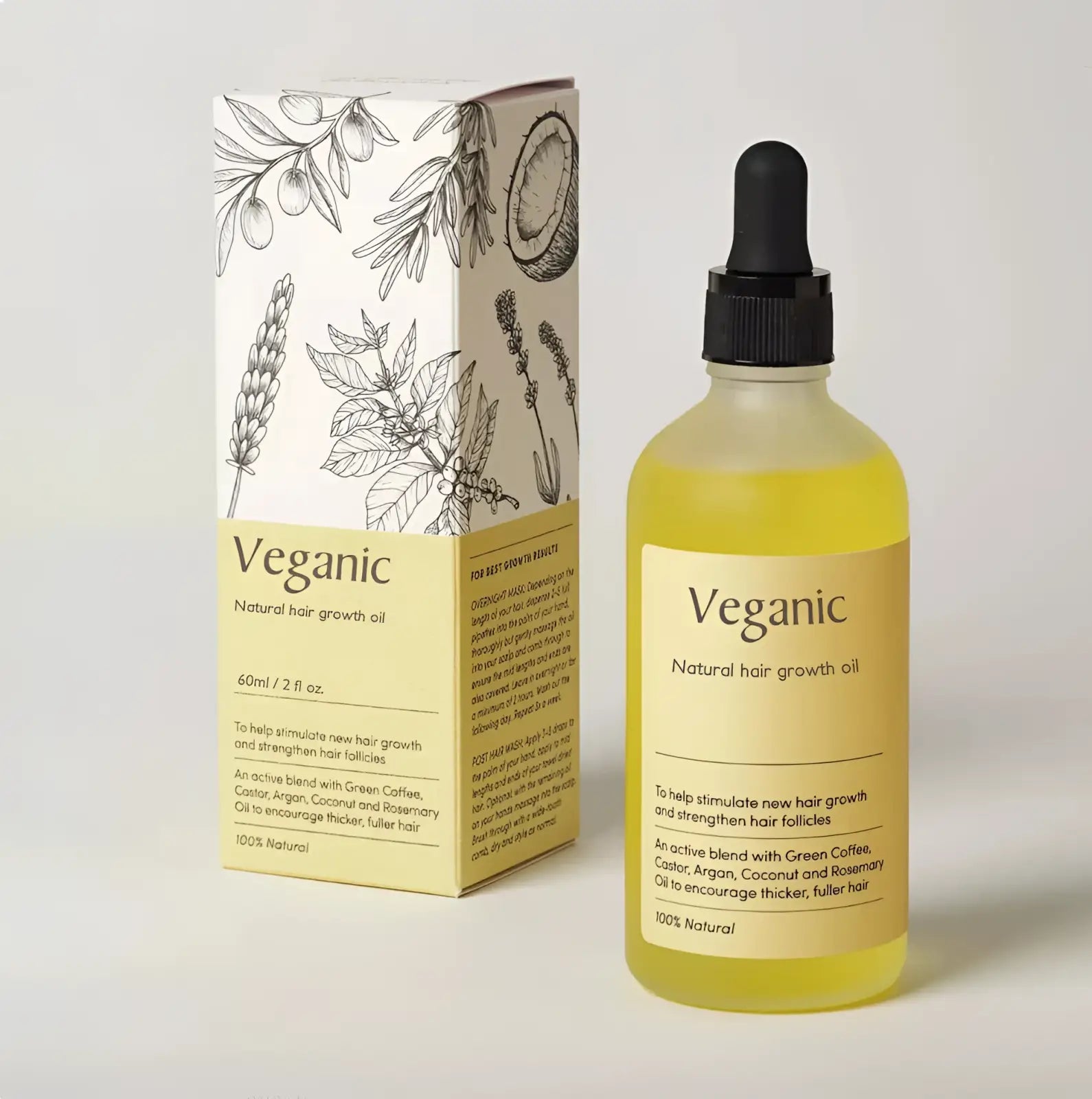 Veganic hair growth oil vegan natural essential treatment in a clear glass bottle with black dropper cap and golden-yellow liquid
