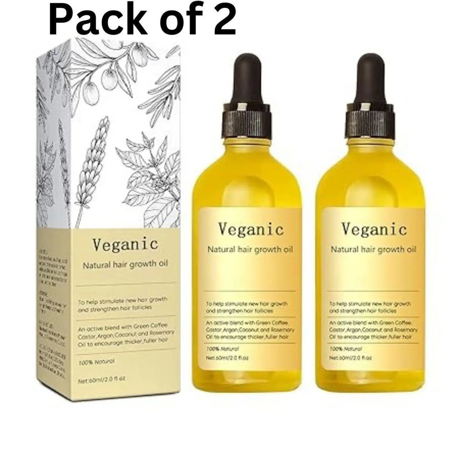 Two amber glass bottles of veganic natural hair growth oil with black dropper caps labeled 100 percent natural