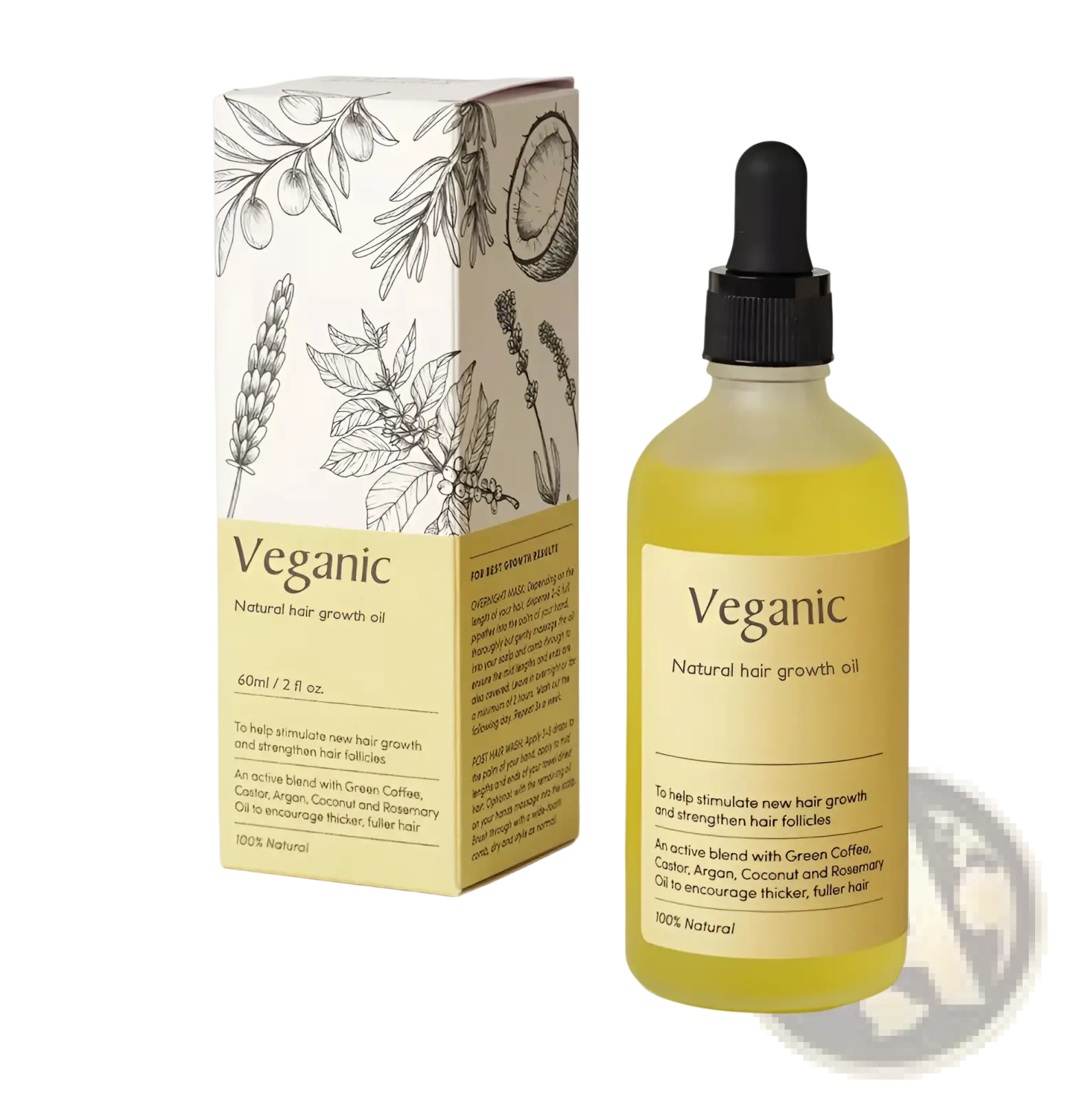 Veganic hair growth oil vegan natural essential treatment in a clear glass bottle with black dropper and white botanical box