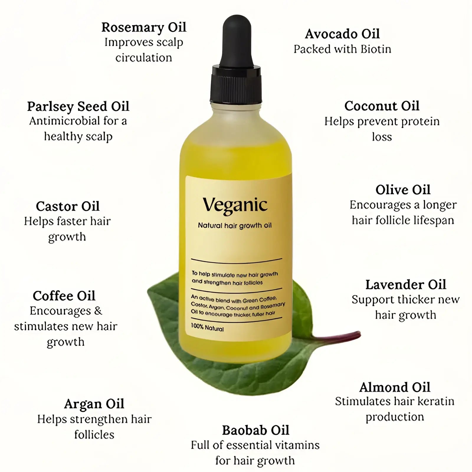 A clear glass bottle with black dropper cap filled with golden-yellow vegan natural hair growth oil essential treatment