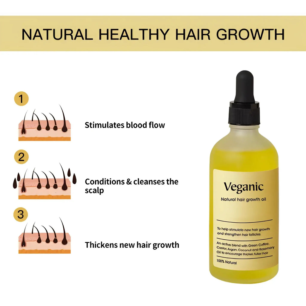 A clear glass bottle with black dropper cap contains yellowish-green vegan natural essential hair growth oil