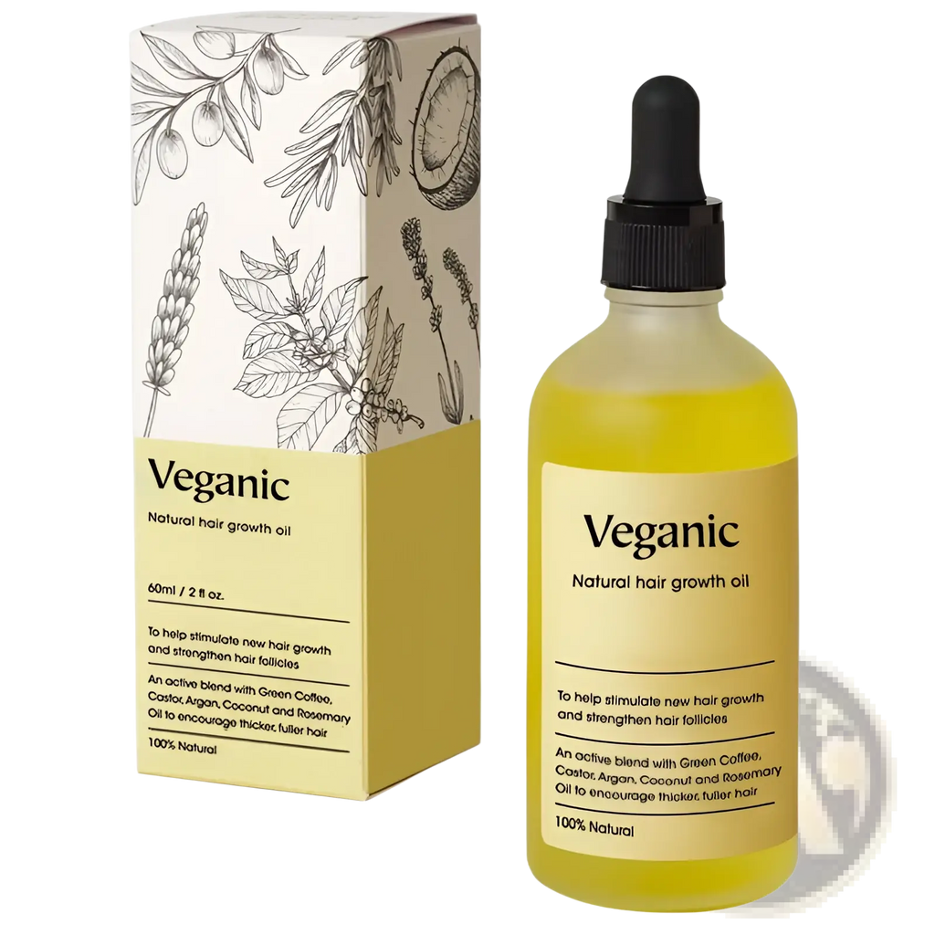 A clear glass bottle with black dropper cap contains golden-yellow vegan natural hair growth oil with matching box