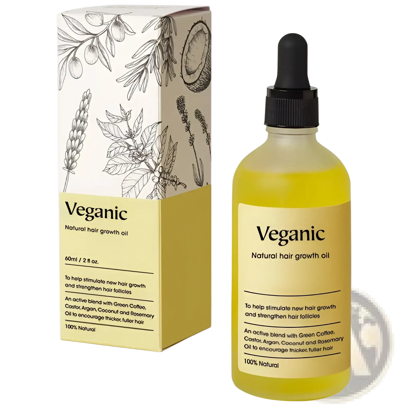 A clear glass bottle with black dropper cap contains golden-yellow vegan natural hair growth oil with matching box