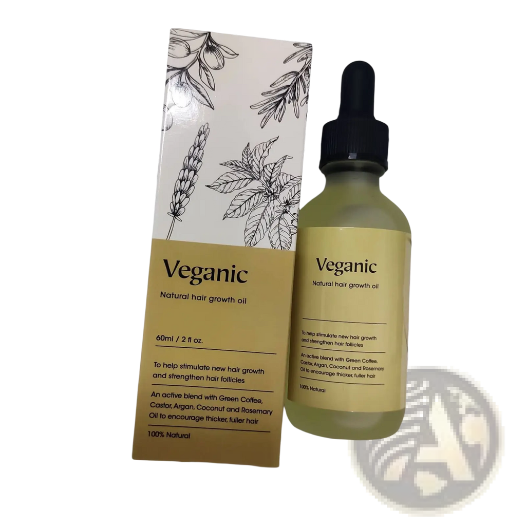Veganic hair growth oil in clear glass bottle with black dropper and botanical-themed packaging for natural treatment