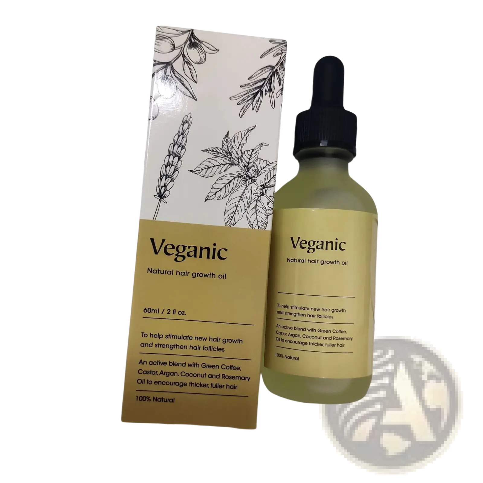 Veganic hair growth oil in clear glass bottle with black dropper and botanical-themed packaging for natural treatment