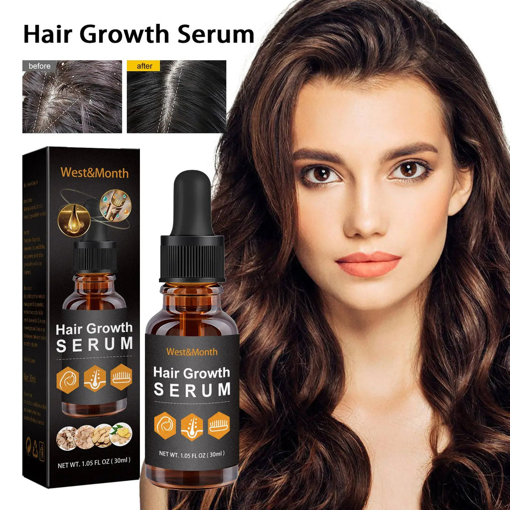 West&month hair growth serum in a dark amber glass bottle with black dropper cap and matching box for anti hair fall