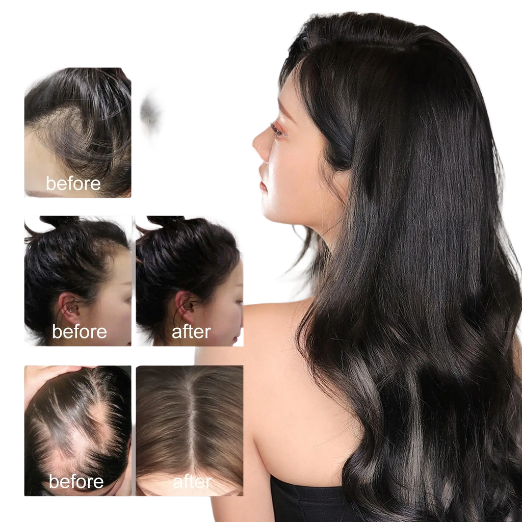 A woman with long lustrous black wavy hair using hair growth serum anti hair fall oil 30ml for hair care