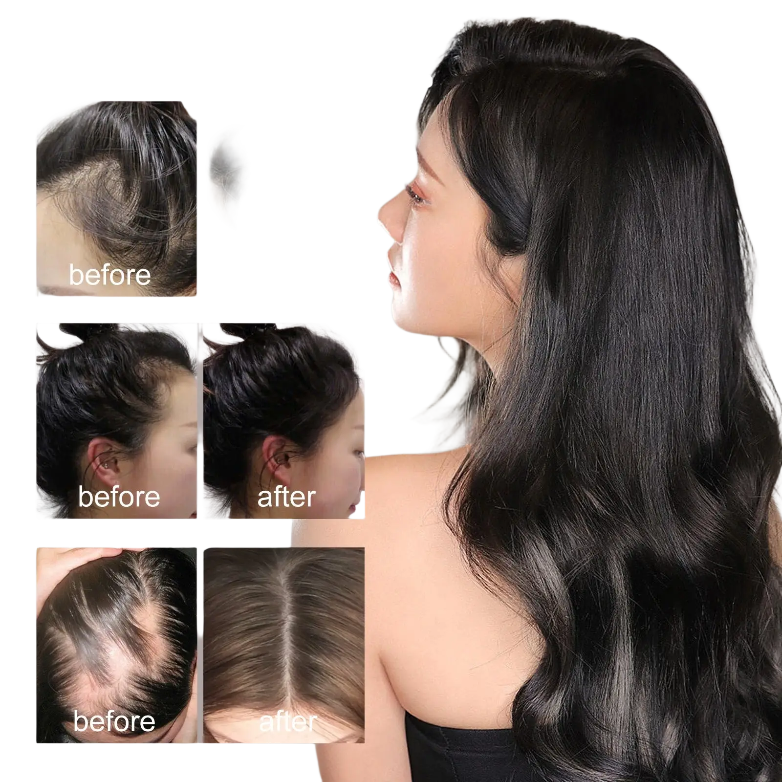 A woman with long lustrous black wavy hair using hair growth serum anti hair fall oil 30ml for hair care
